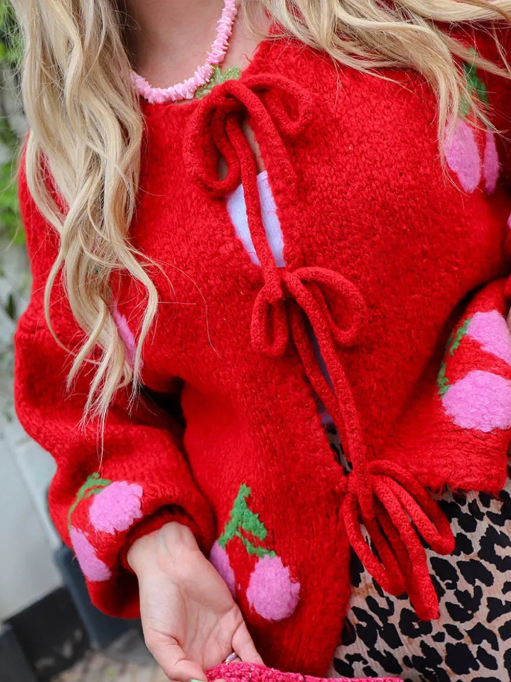 Tied Cherry Round Neck Long Sleeve Cardigan - Fashorio