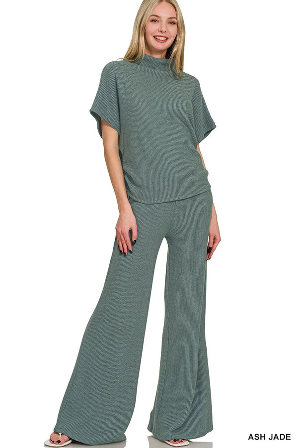 Zenana Mock Neck Top and Pants Sweater Set ASH JADE - Fashorio