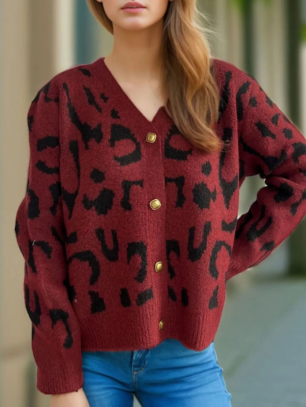 Leopard V-Neck Button Up Cardigan - Fashorio