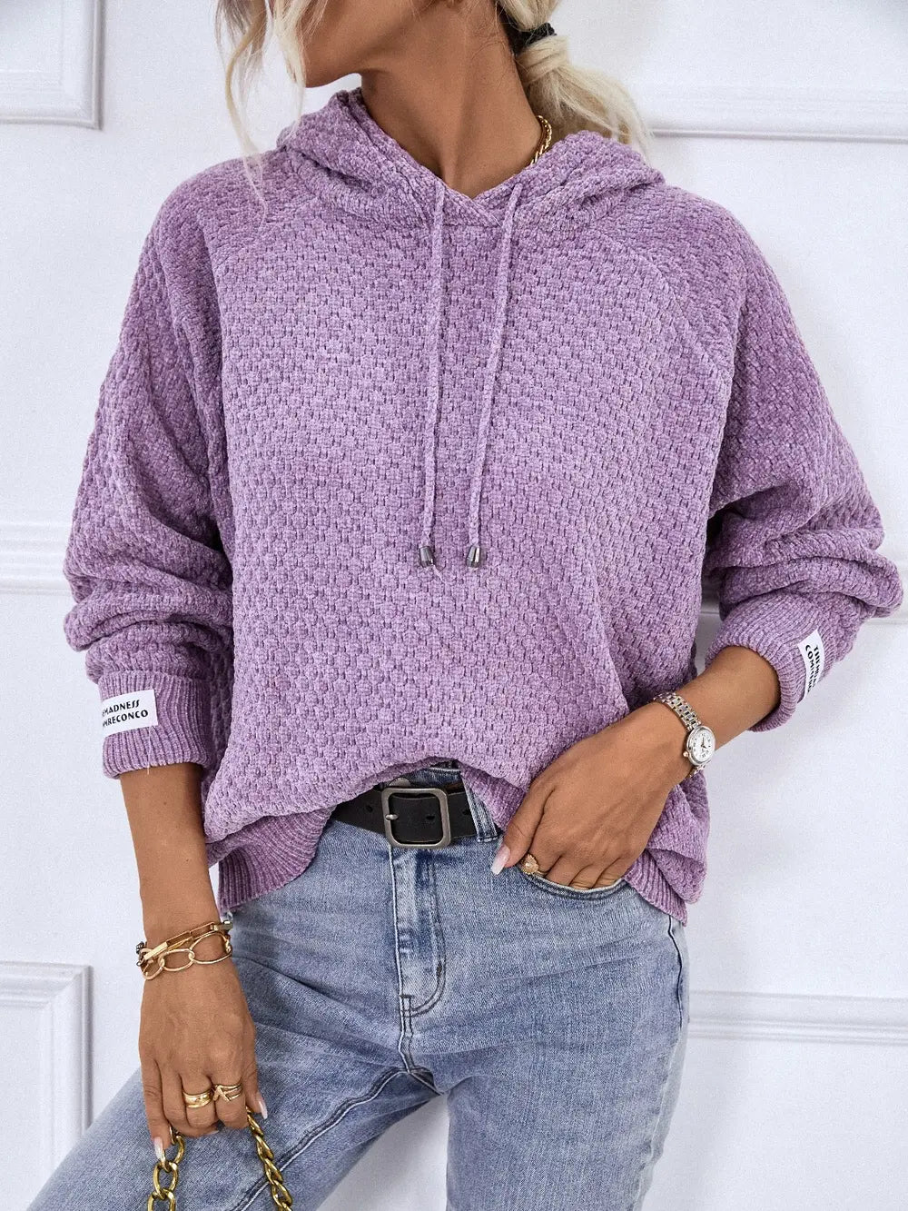 Texture Drawstring Long Sleeve Hooded Sweater - Fashorio