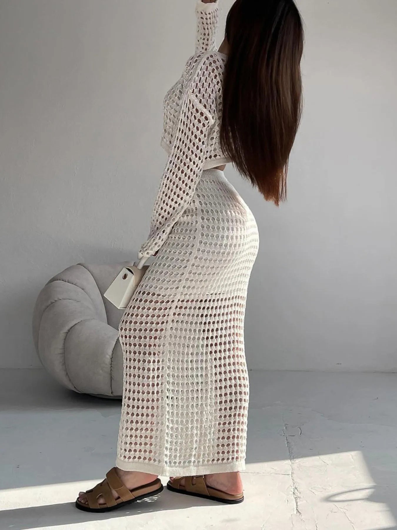 Hollow Out Long Sleeve Top and Skirt Knit Set - Fashorio