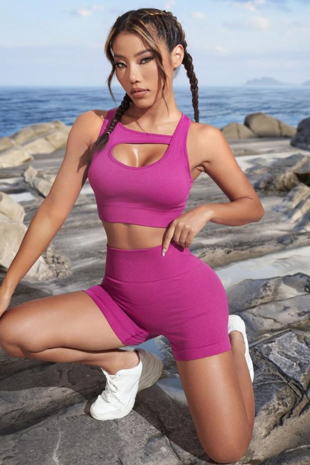 Cutout Crop Top and Sports Shorts Set Red-Violet - Fashorio