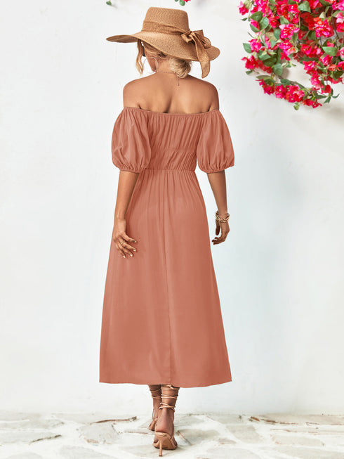 Off-Shoulder Balloon Sleeve Midi Dress - Fashorio