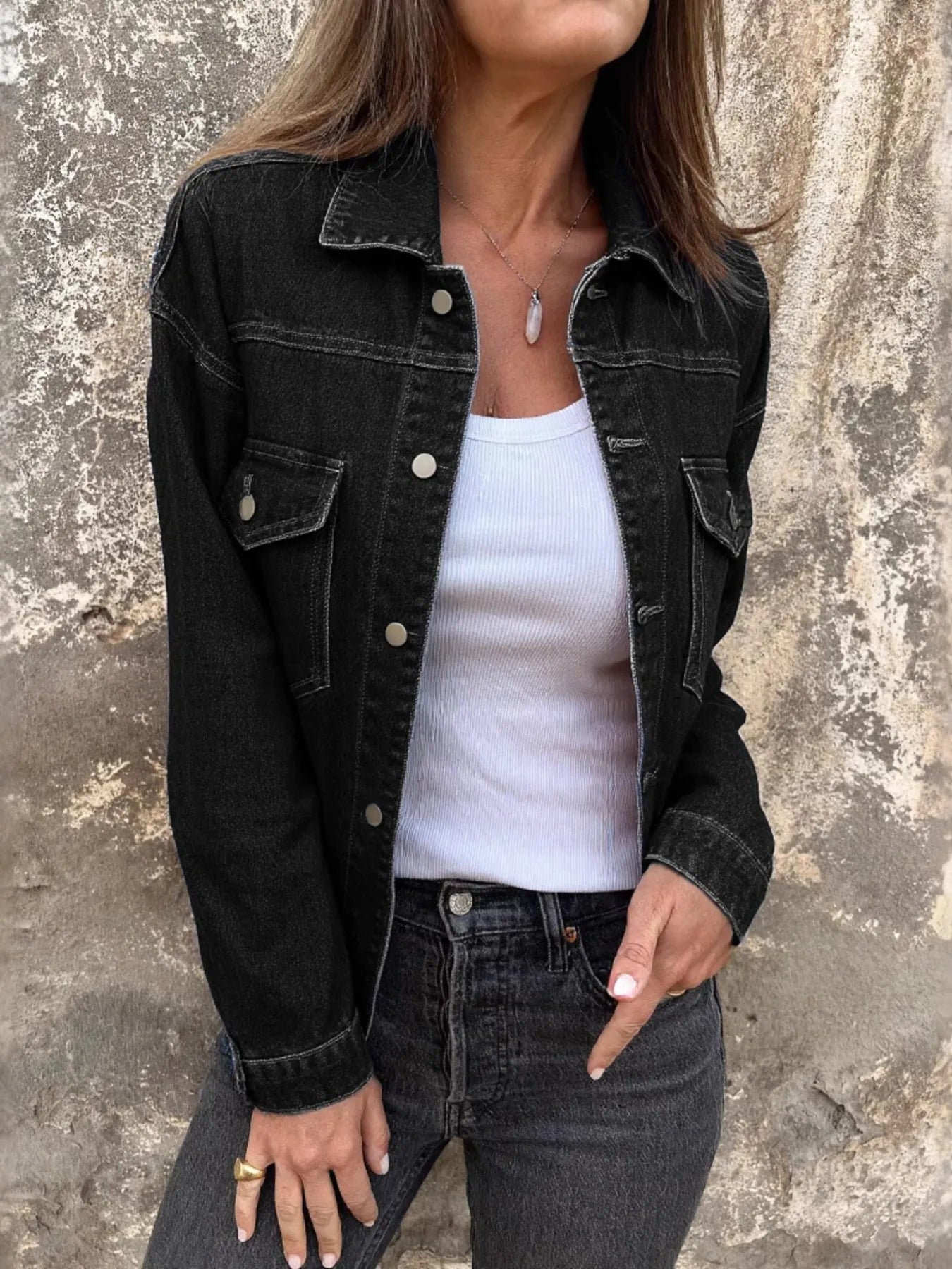 Button Up Long Sleeve Denim Jacket Black - Fashorio