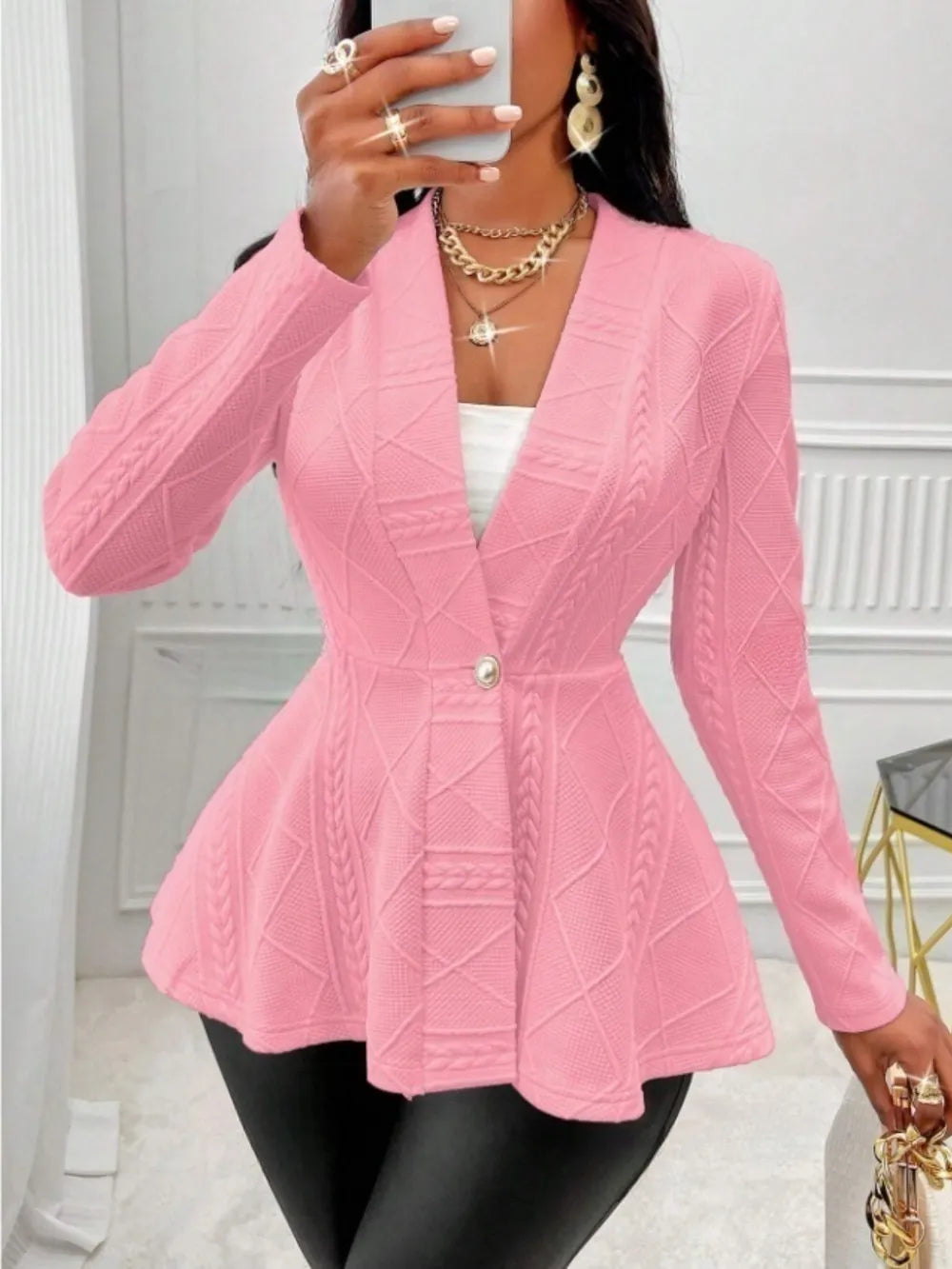 One Button Textured Peplum Cardigan - Fashorio