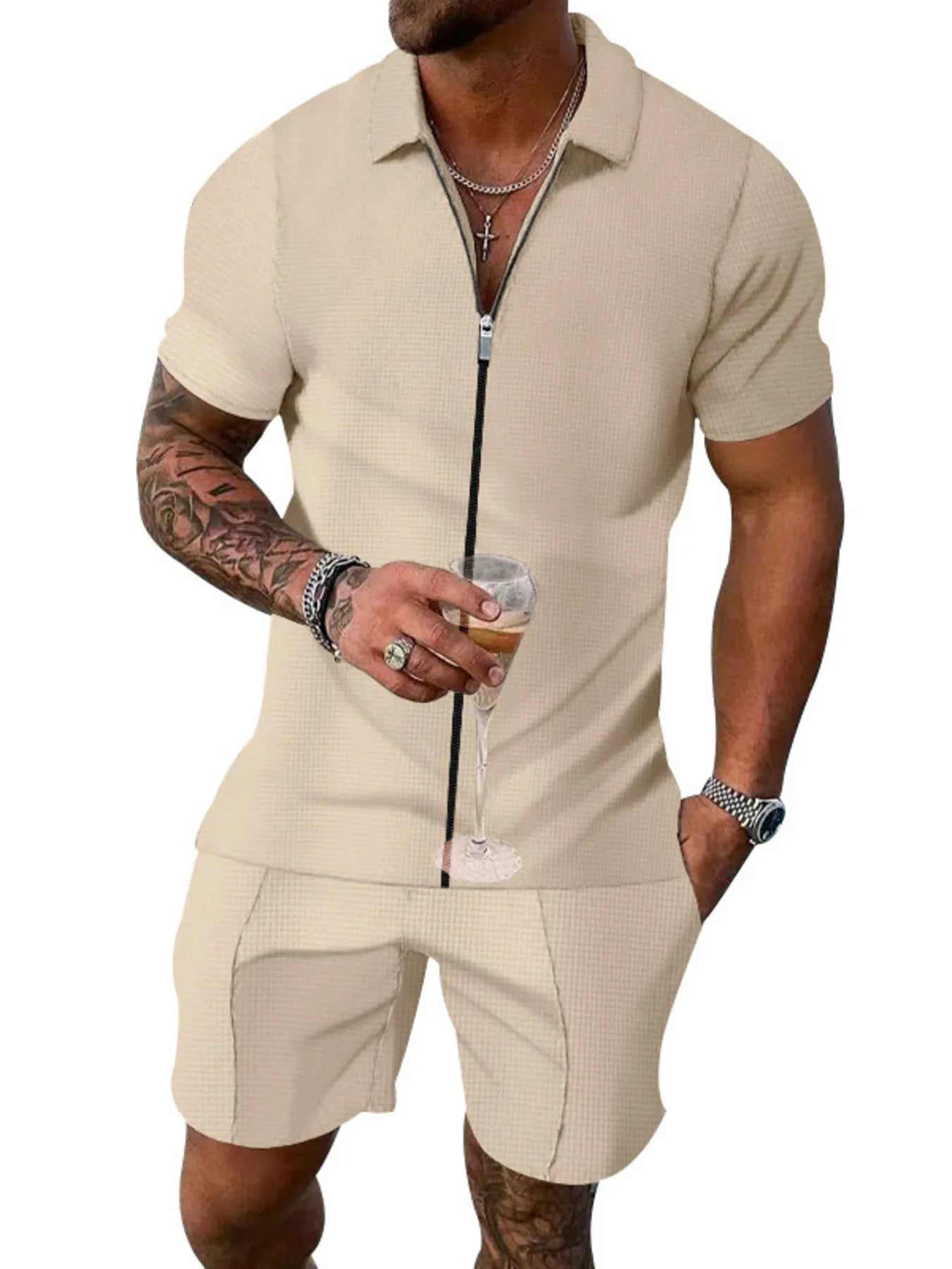 Men's Plus Size Zip Up Short Sleeve Top and Shorts Set Khaki - Fashorio