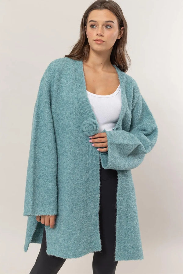 HYFVE Front Rosette Longline Slit Sweater Cardigan Ocean Blue - Fashorio
