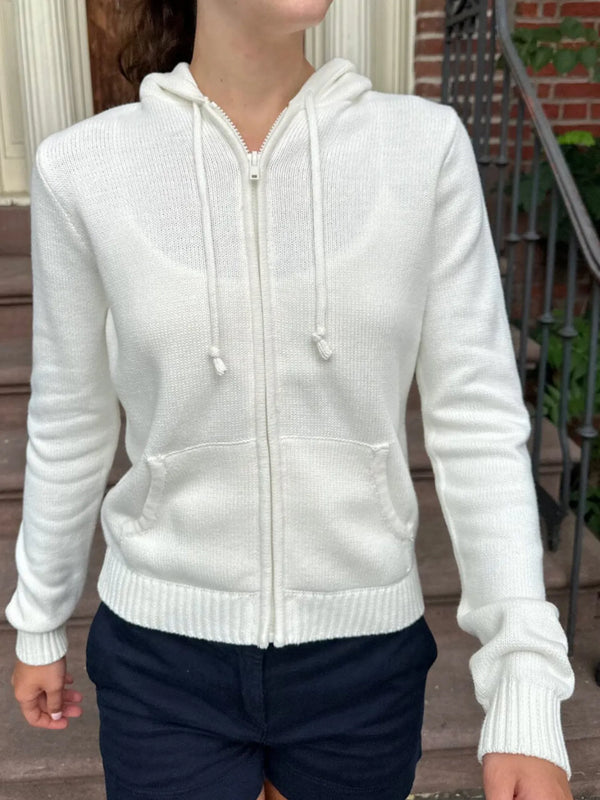 Drawstring Zip Up Long Sleeve Cardigan White - Fashorio