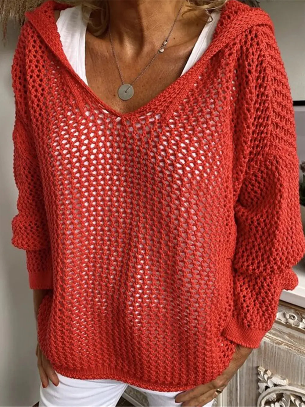 Openwork Hooded Long Sleeve Sweater - Fashorio