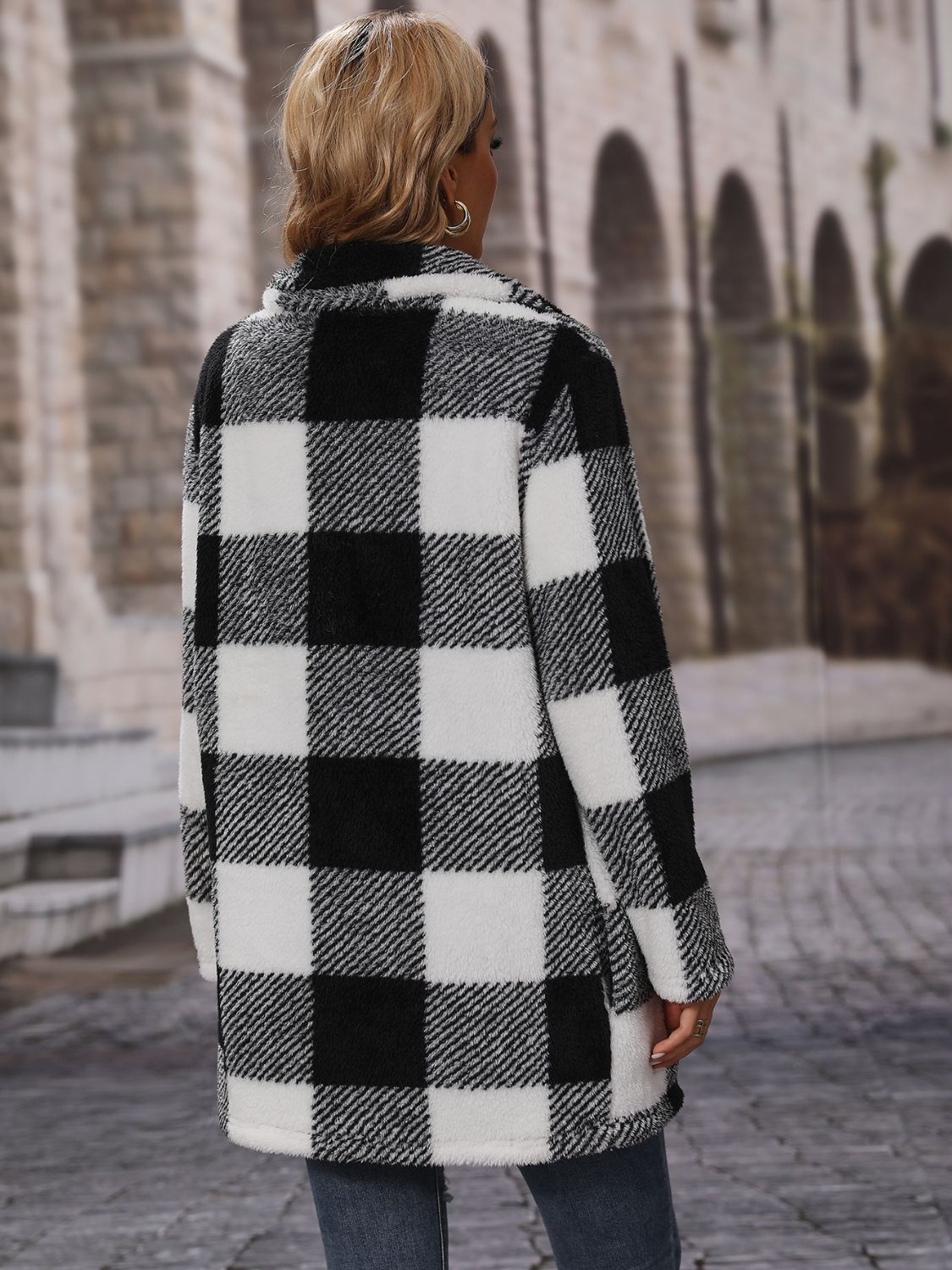 Plaid Collared Neck Coat with Pockets - Fashorio