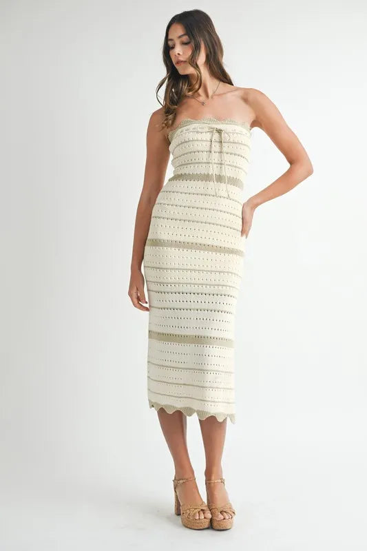 MABLE Contrast Striped Crochet Knit Midi Dress LT TAUPE - Fashorio