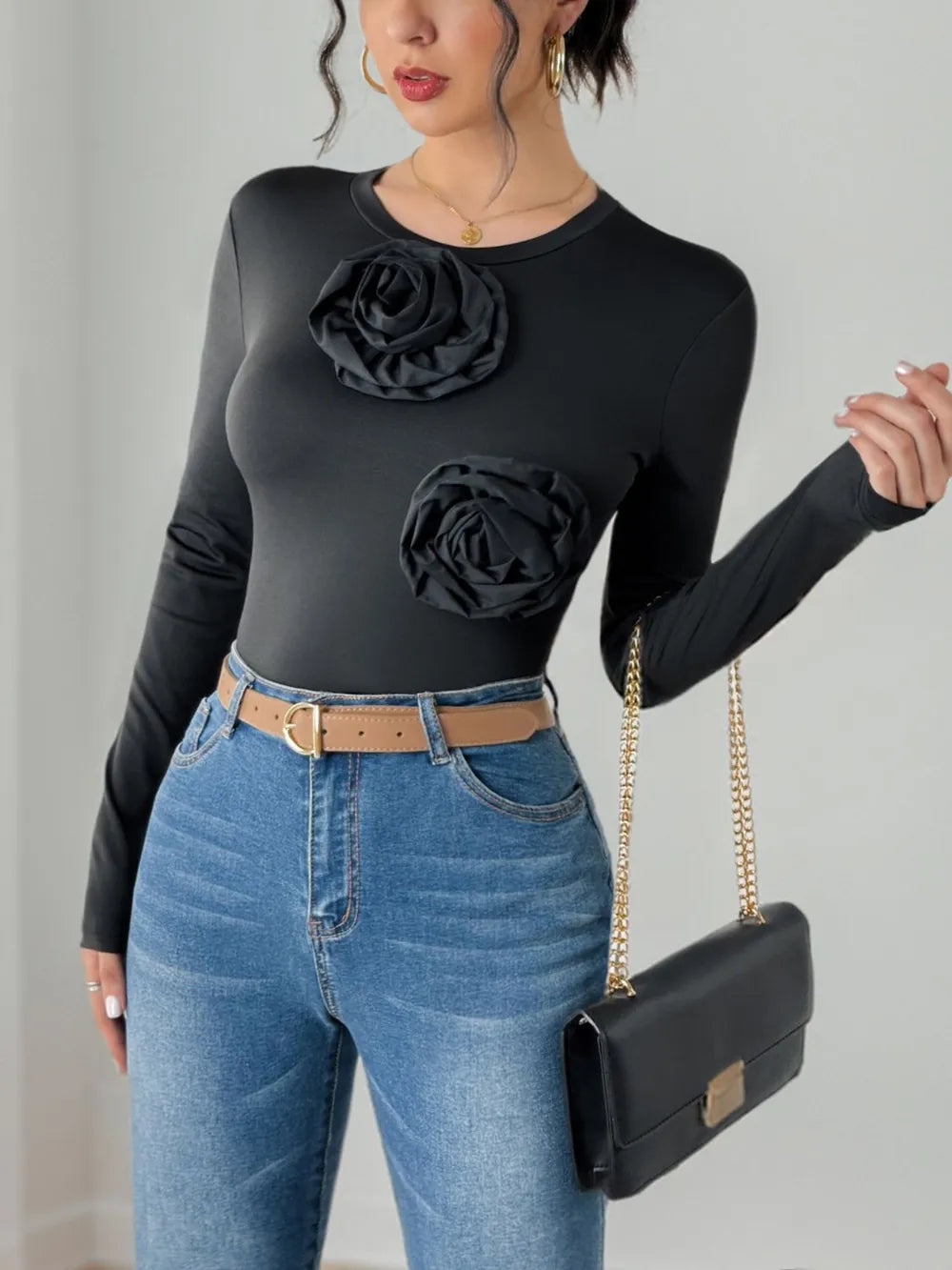 Perfee Flower Round Neck Long Sleeve Bodysuit - Fashorio