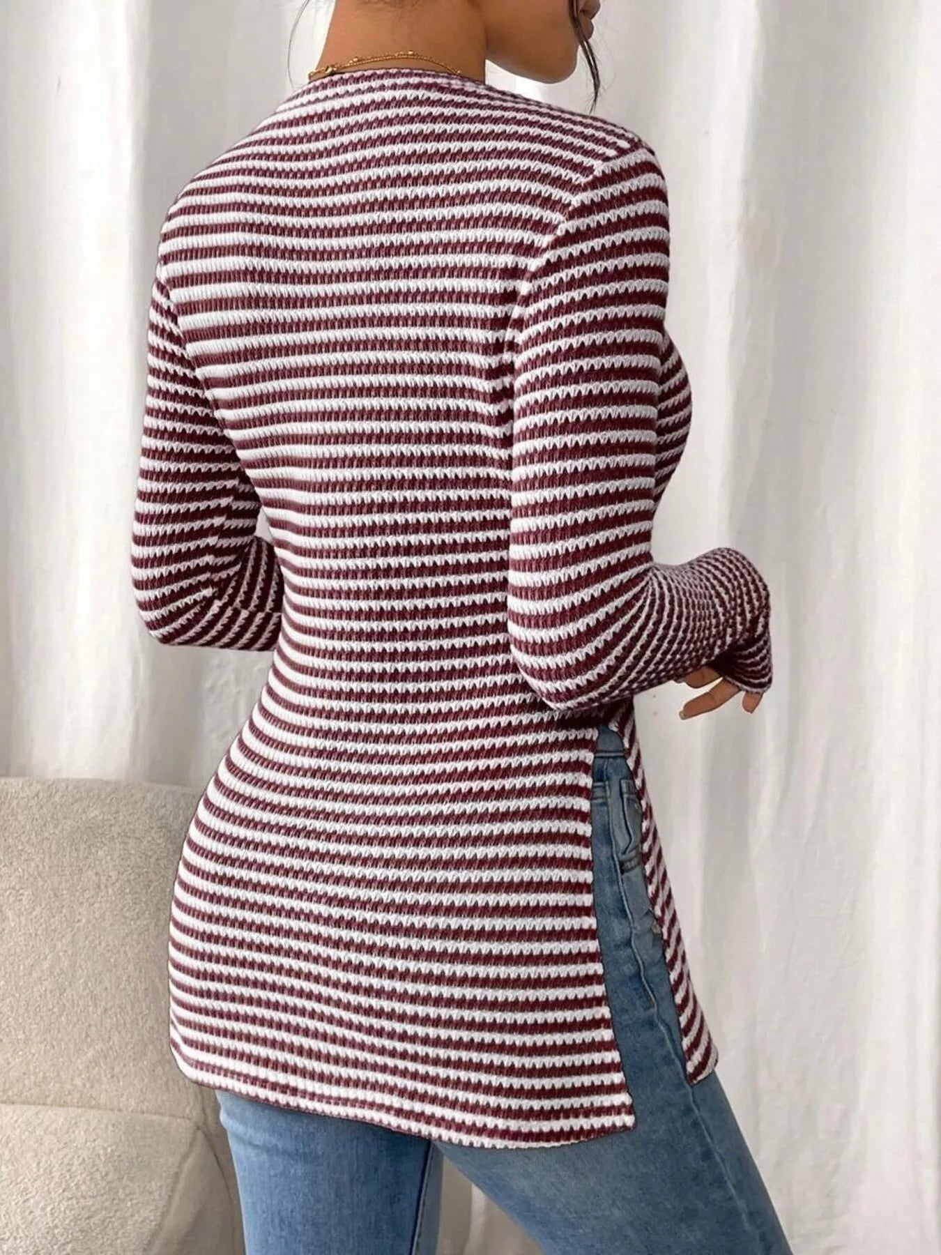 Side Slit Striped Long Sleeve T-Shirt - Fashorio