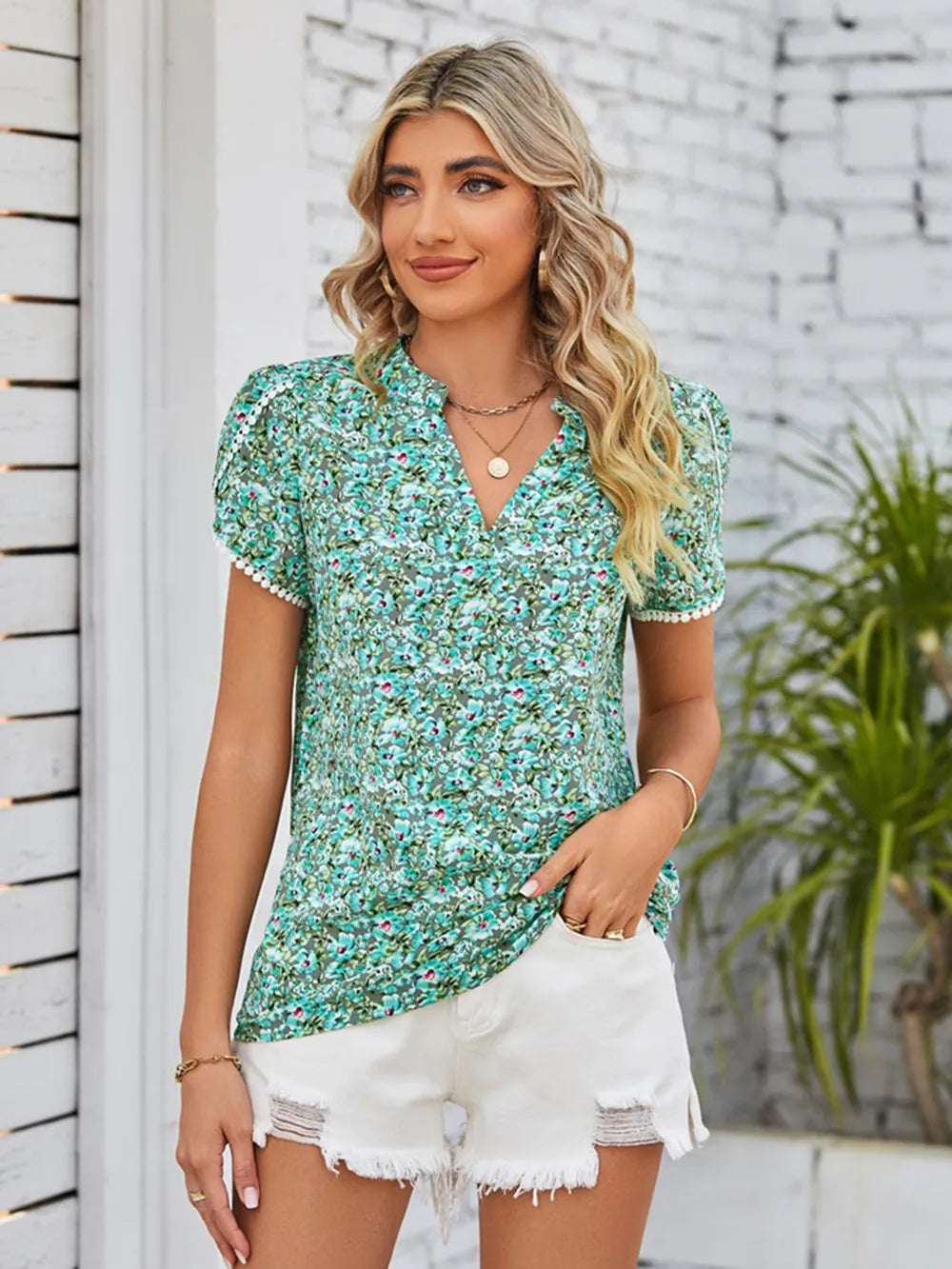 Mandy Floral Notched Neck Blouse - Fashorio