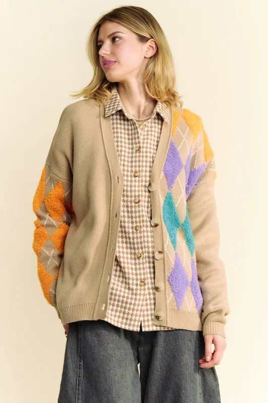 Davi & Dani Argyle V-Neck Dropped Shoulder Cardigan - Fashorio