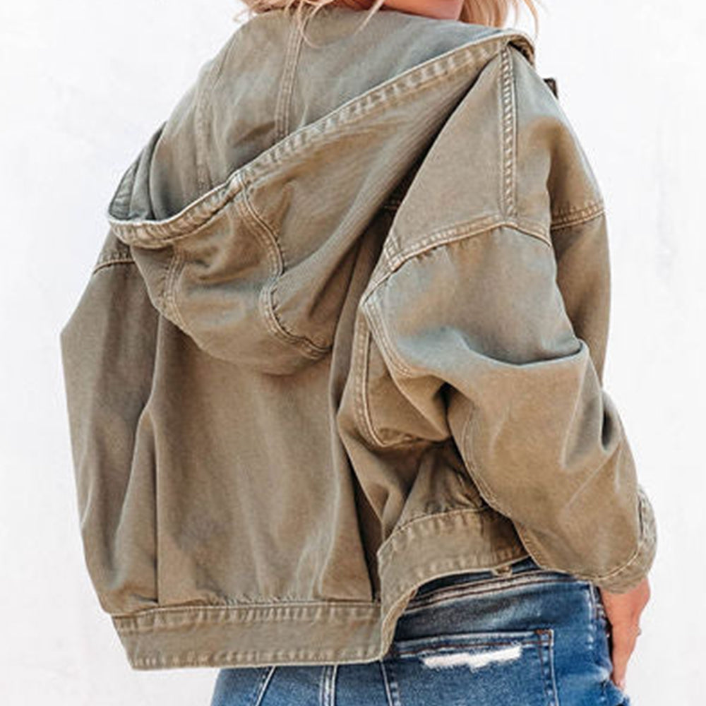 Hooded Dropped Shoulder Denim Jacket - Fashorio