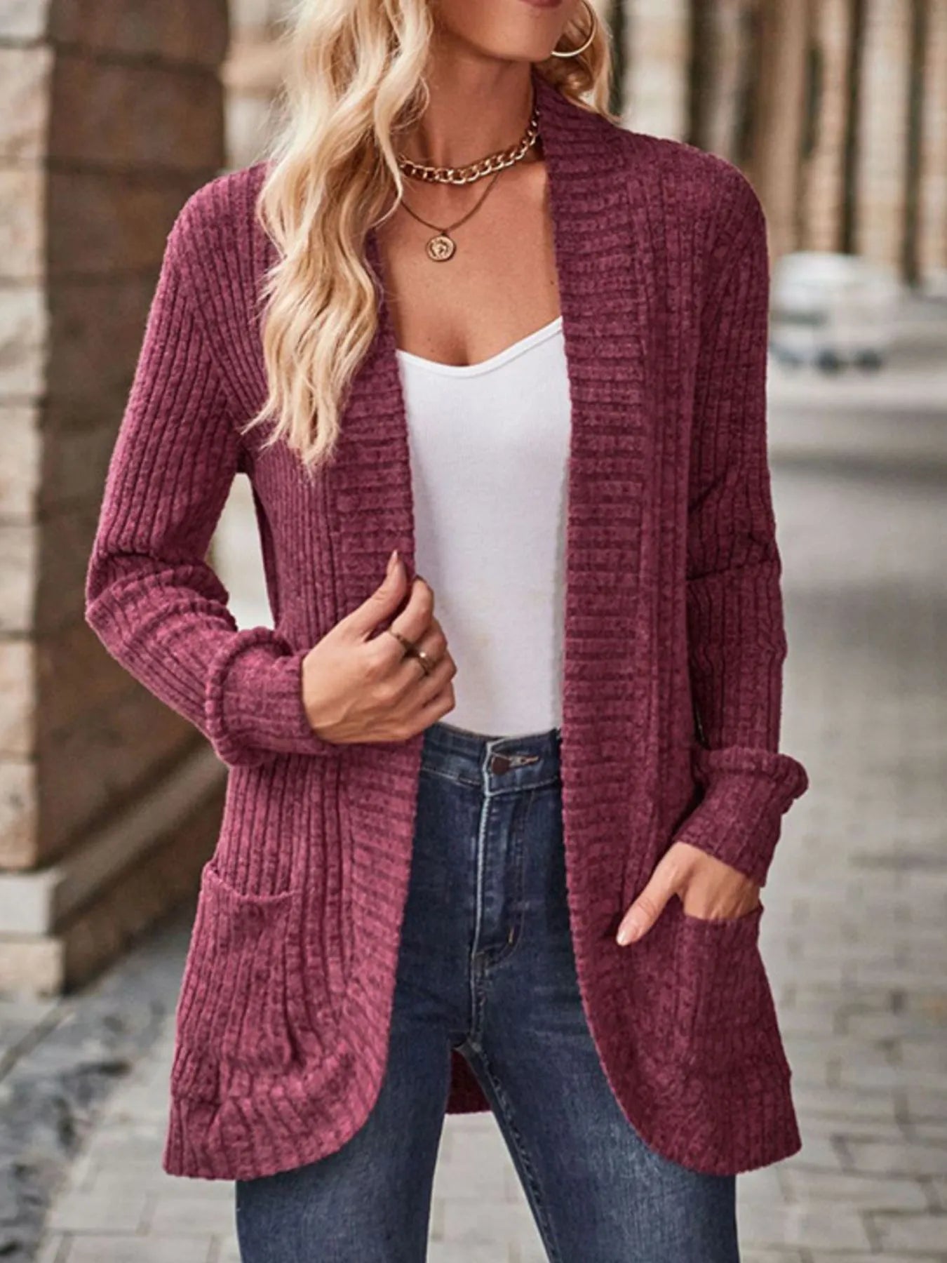 Ribbed Knit Open Front Cardigan with Pockets - Fashorio