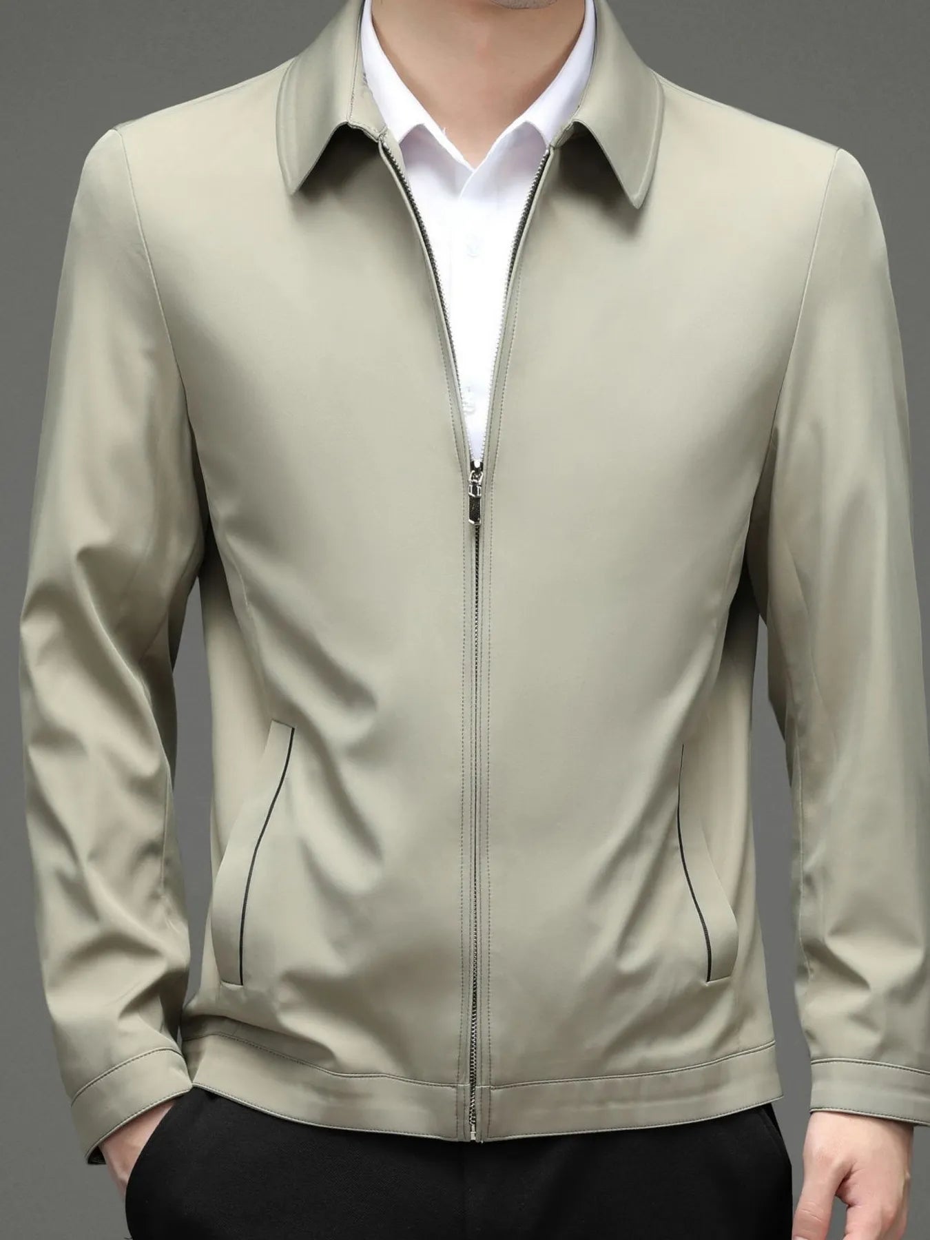 Men's Zip Up Long Sleeve Jacket Khaki - Fashorio