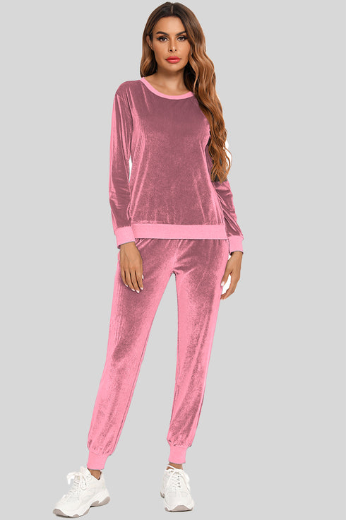 Round Neck Long Sleeve Loungewear Set with Pockets Dusty Pink - Fashorio