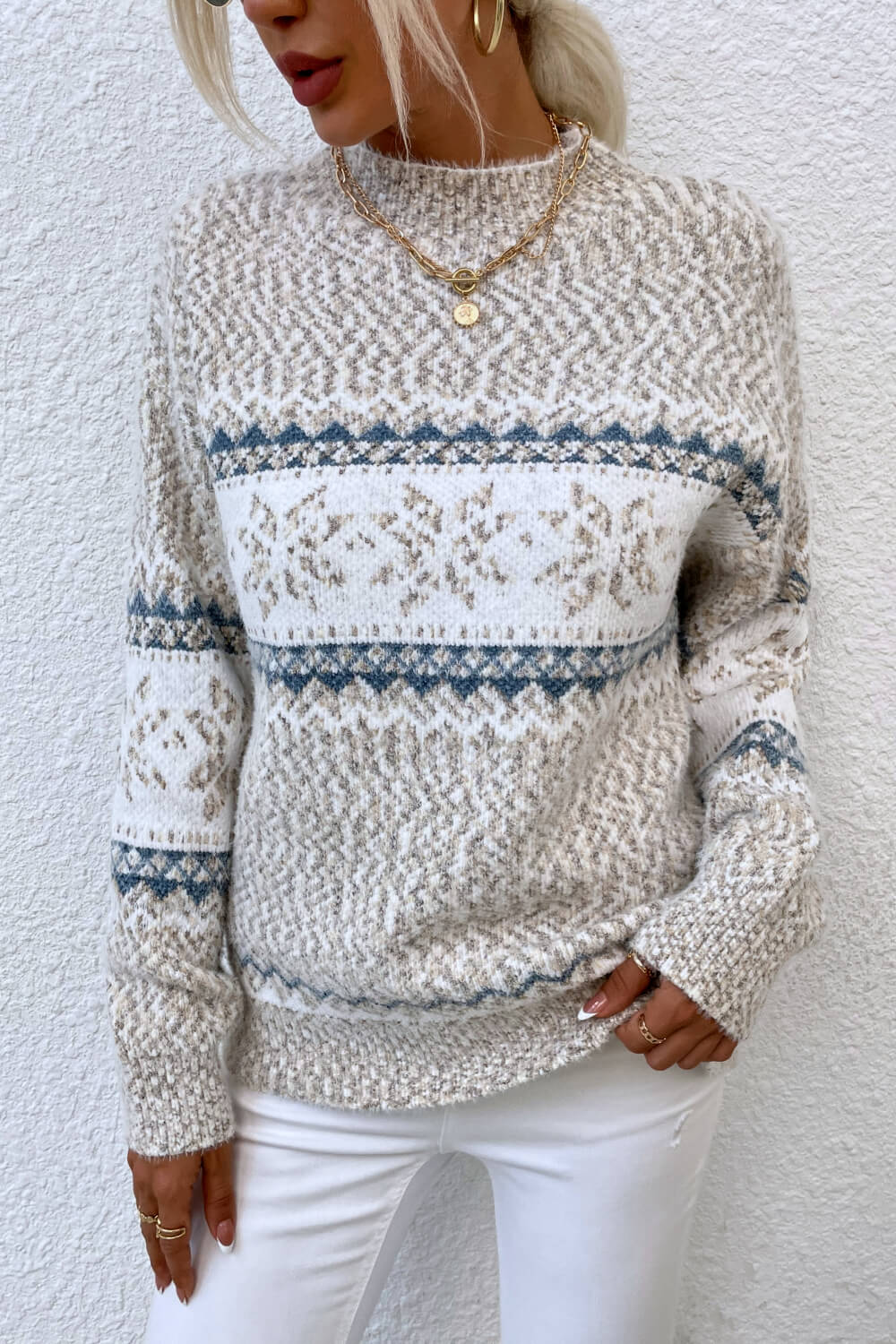 Snowflake Pattern Mock Neck Sweater Sand - Fashorio