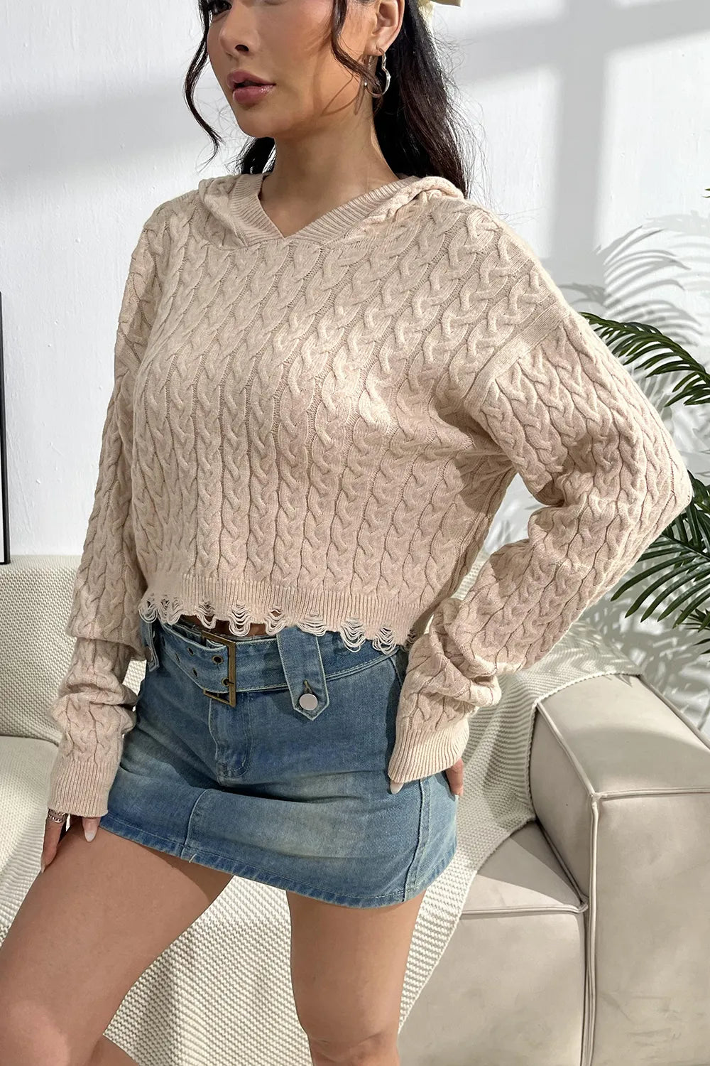 Cable-Knit Dropped Shoulder Hooded Sweater - Fashorio
