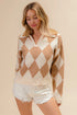 BiBi Diamond Pattern Collared Notch Neck Sweater - Fashorio