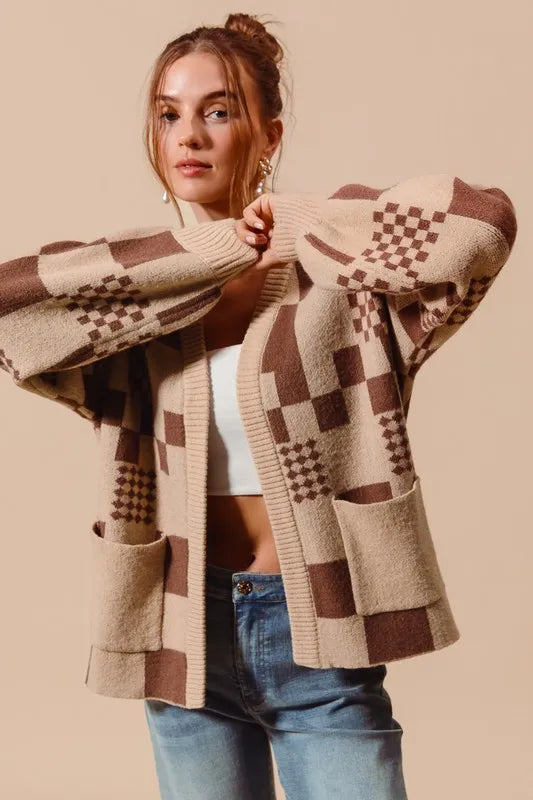 SO ME Checkered Open Front Cardigan with Pockets - Fashorio