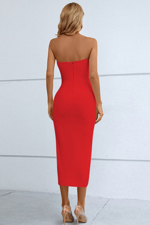 Cutout Strapless Drawstring Detail Split Bandage Dress - Fashorio