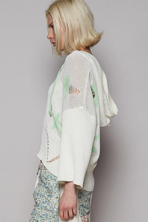 POL Distressed Lace-Up Star Pattern Hooded Hooded Sweater - Fashorio