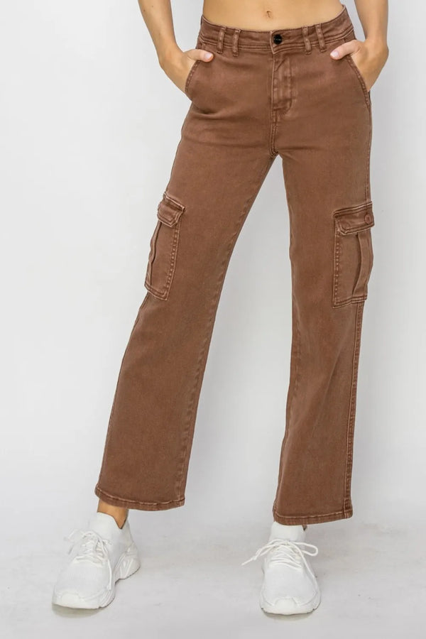 Risen Full Size High Rise Cargo Jeans Espresso - Fashorio