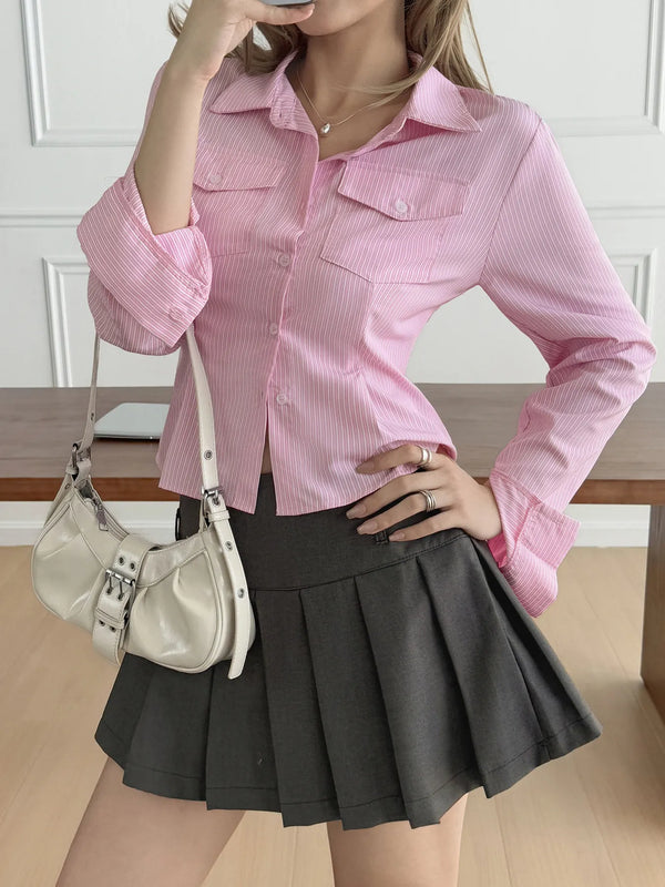 Striped Button-Up Long Sleeve Shirt Pink - Fashorio