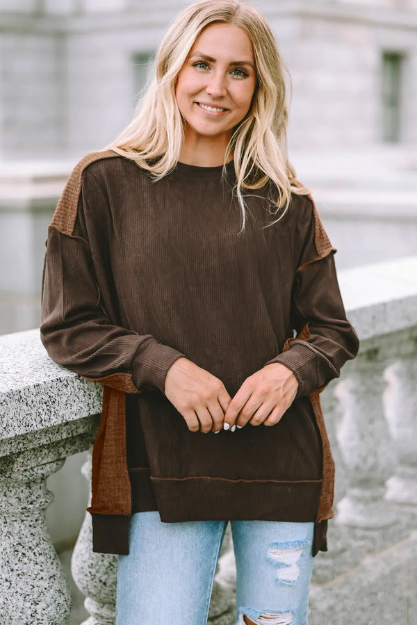 Ribbed Exposed Seam Dropped Shoulder Blouse Chestnut - Fashorio