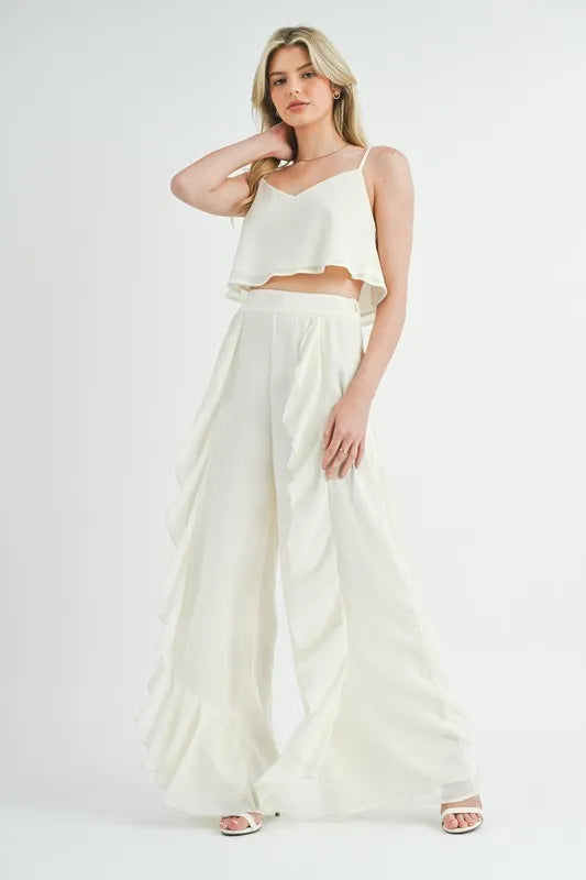 MABLE Crop Cami and Ruffled Wide Leg Pants Set Cream - Fashorio