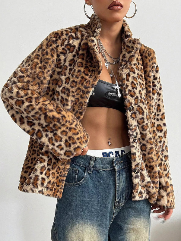 Leopard Button Up Faux Fur Outerwear Leopard - Fashorio