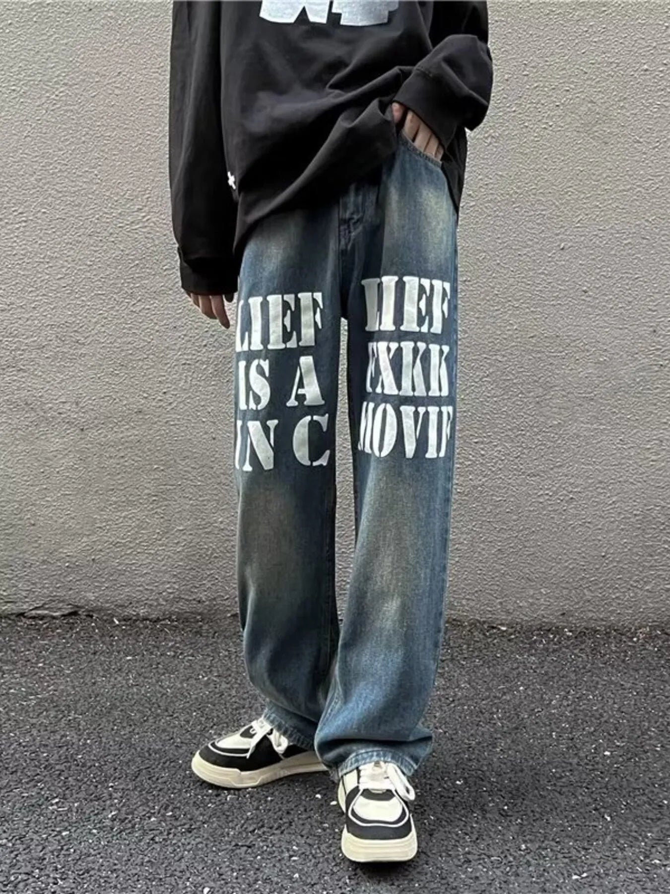 Men's Full Size Letter Graphic Wide Leg Jeans Plus Size - Fashorio