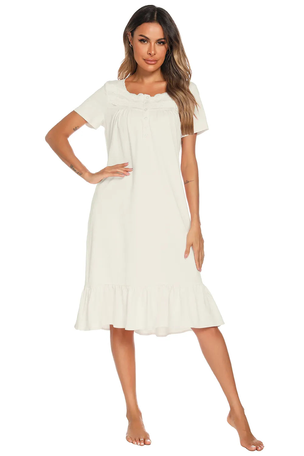 Lace Detail Square Neck Lounge Dress - Fashorio