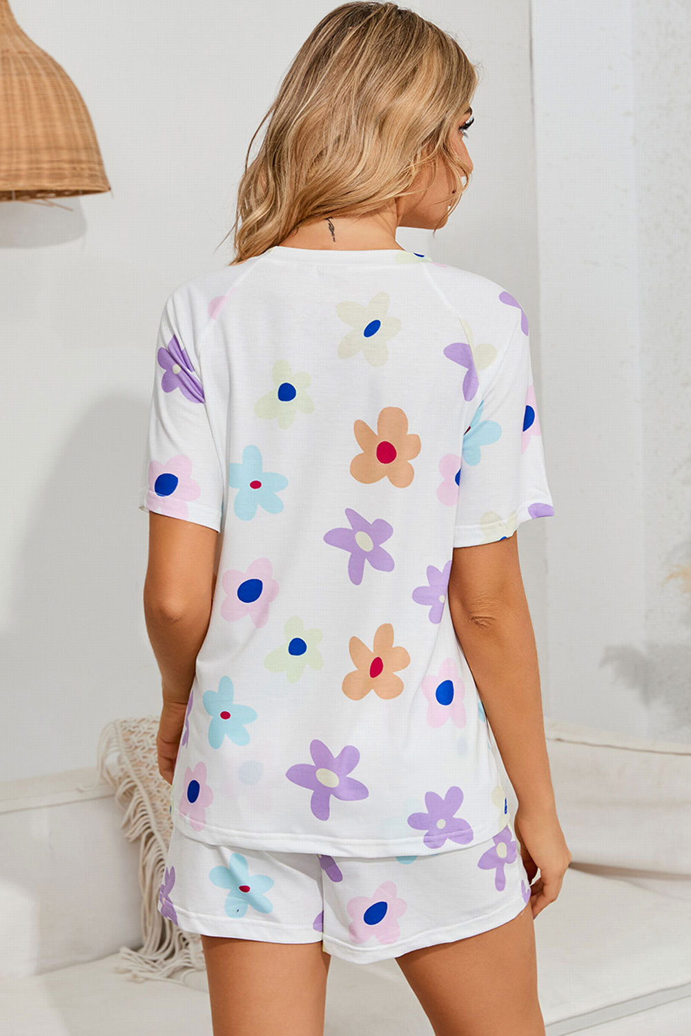 Floral Round Neck Raglan Sleeve Top and Shorts Lounge Set - Fashorio