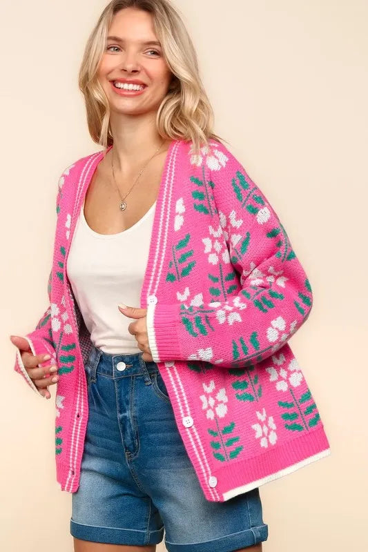 Haptics Full Size Floral Jacquard V-Neck Button Up Cardigan - Fashorio