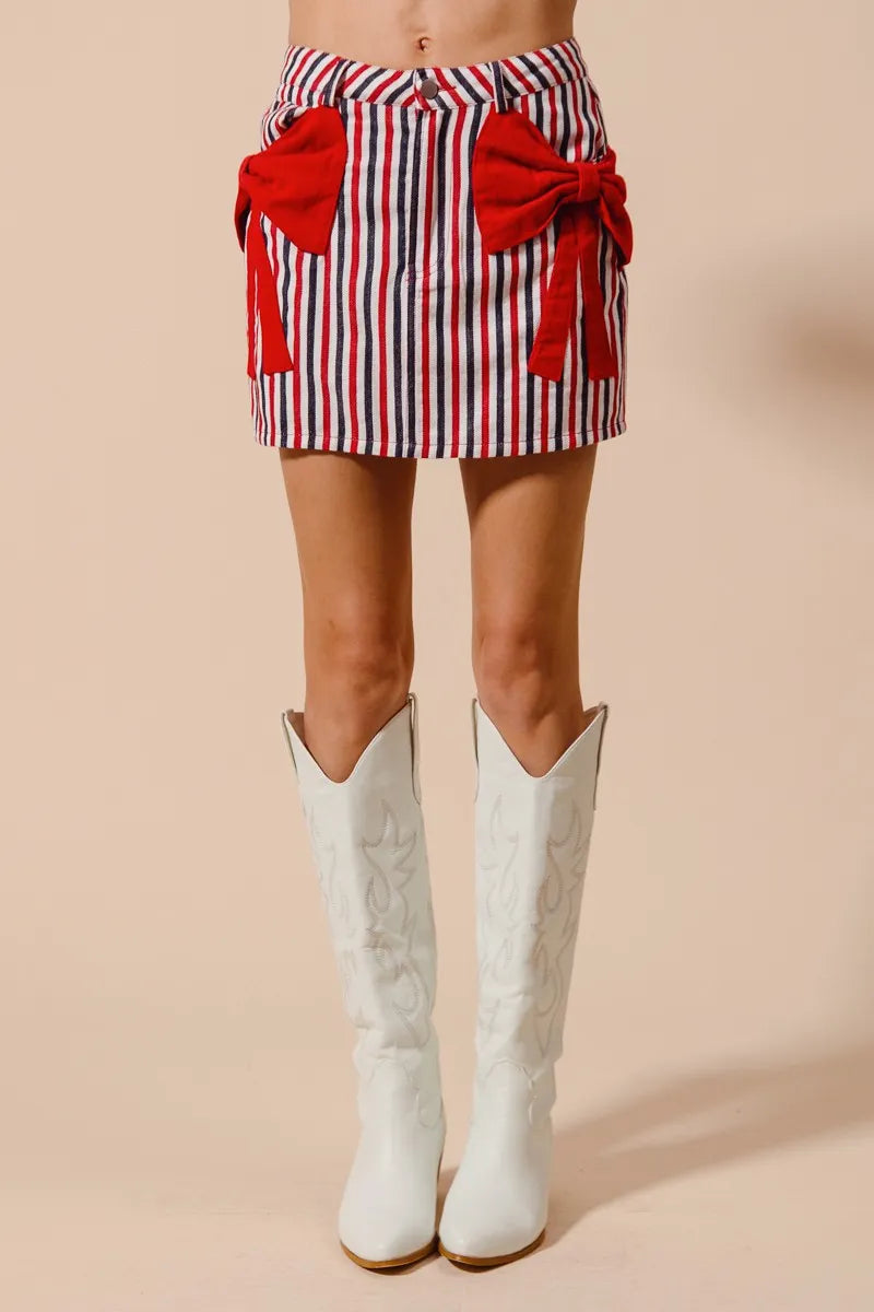SO ME Contrast Bow Knot Pocket Fourth Of July Denim Skirt - Fashorio