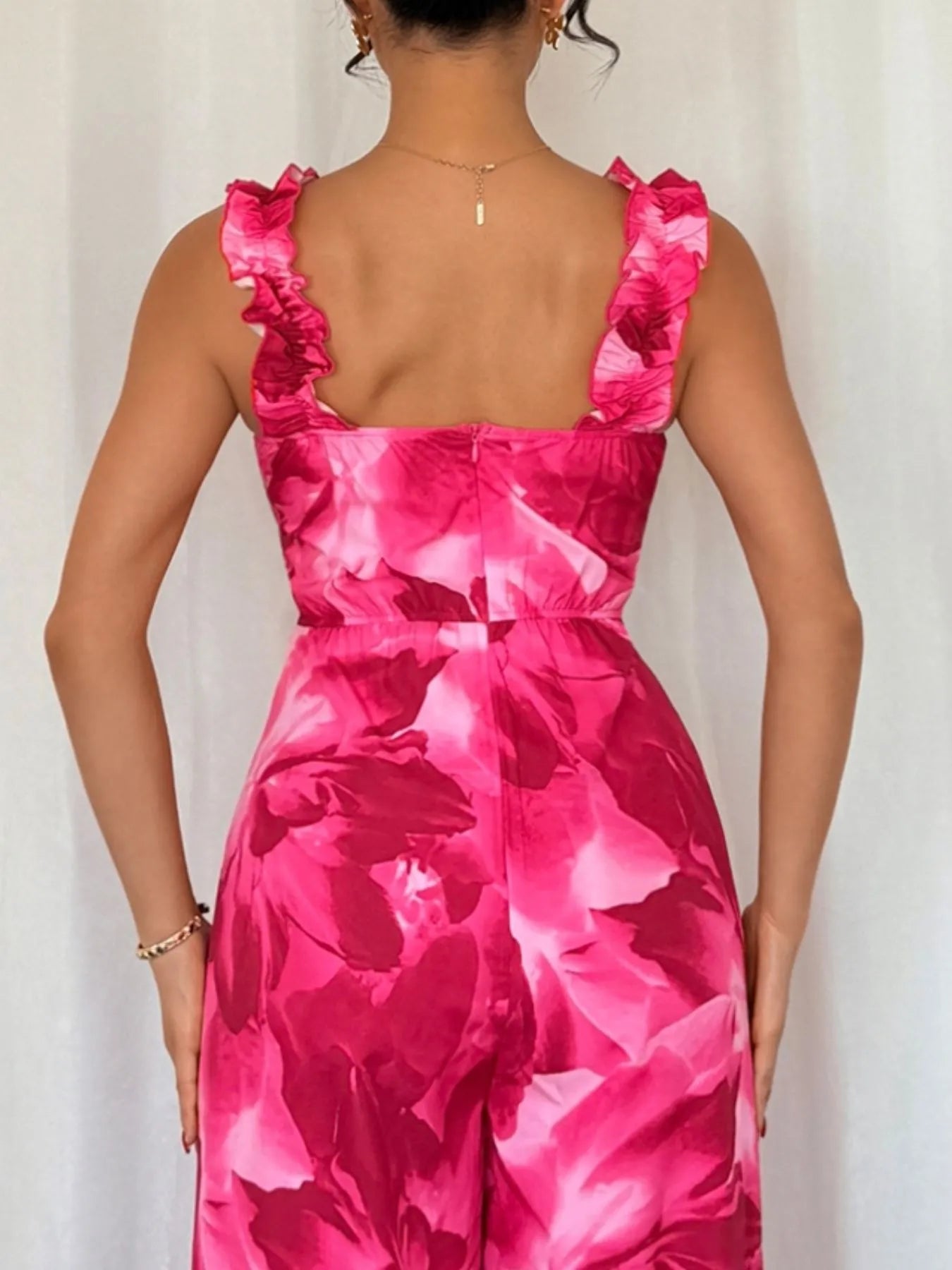 Floral Print Square Neck Wide Leg Jumpsuit - Fashorio
