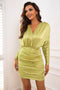 Open Back Ruched Long Sleeve Dress Yellow Green - Fashorio