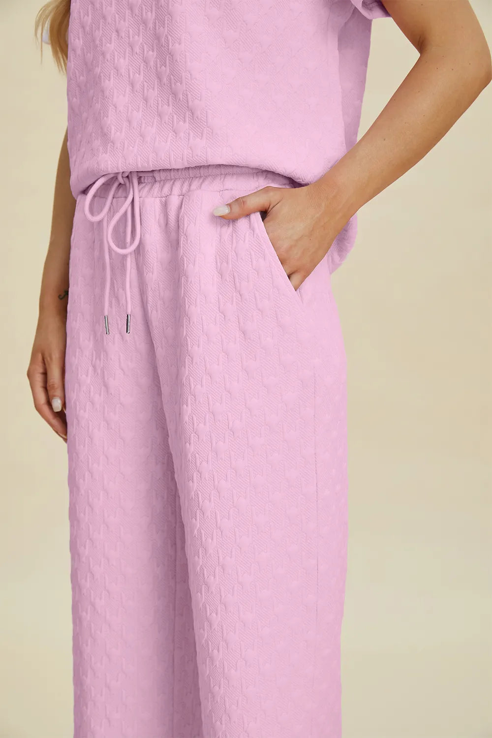Double Take Full Size Texture Round Neck Short Sleeve Top and Pants Set - Fashorio
