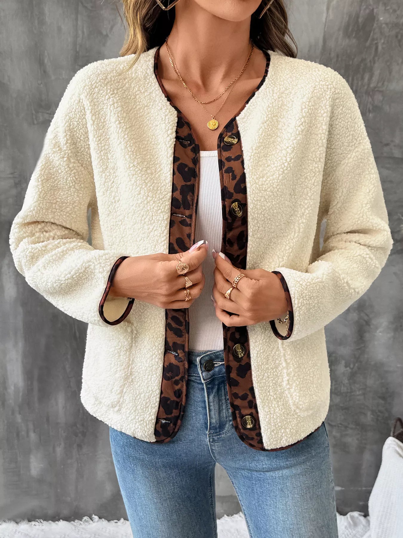 Women’s Button Up Jacket with Leopard Trim Detail - Fashorio