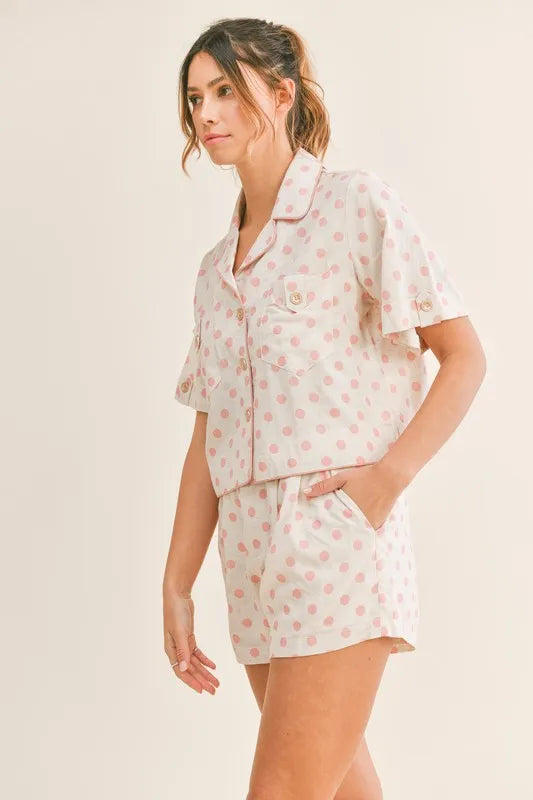 MABLE Polka Dot Collar Crop Top and Short Lounge Set - Fashorio