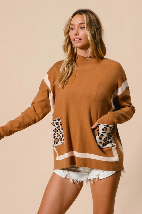 BiBi Mock Neck Sweater with Leopard Pocket - Fashorio