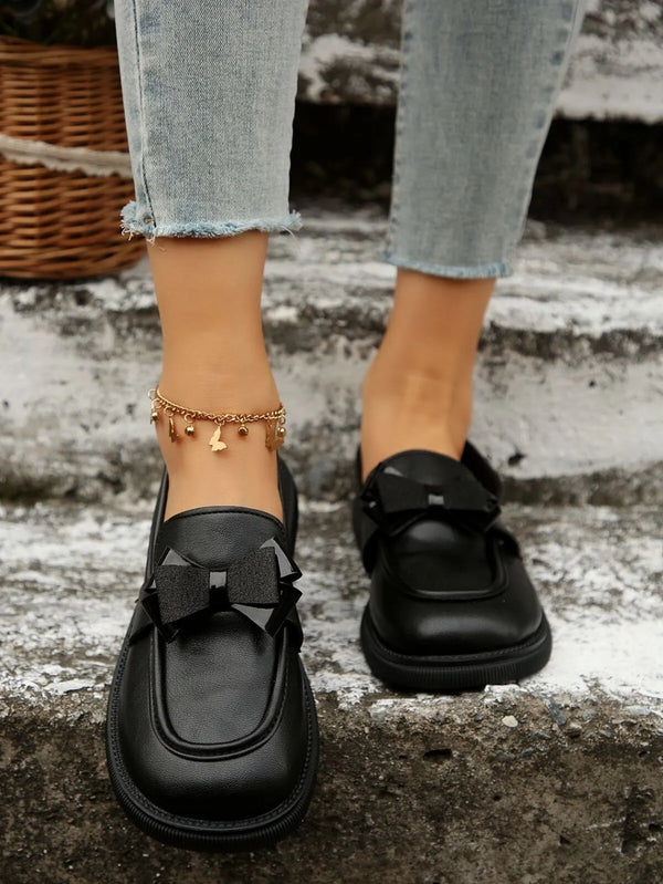 Bow Round Toe Loafers Black - Fashorio