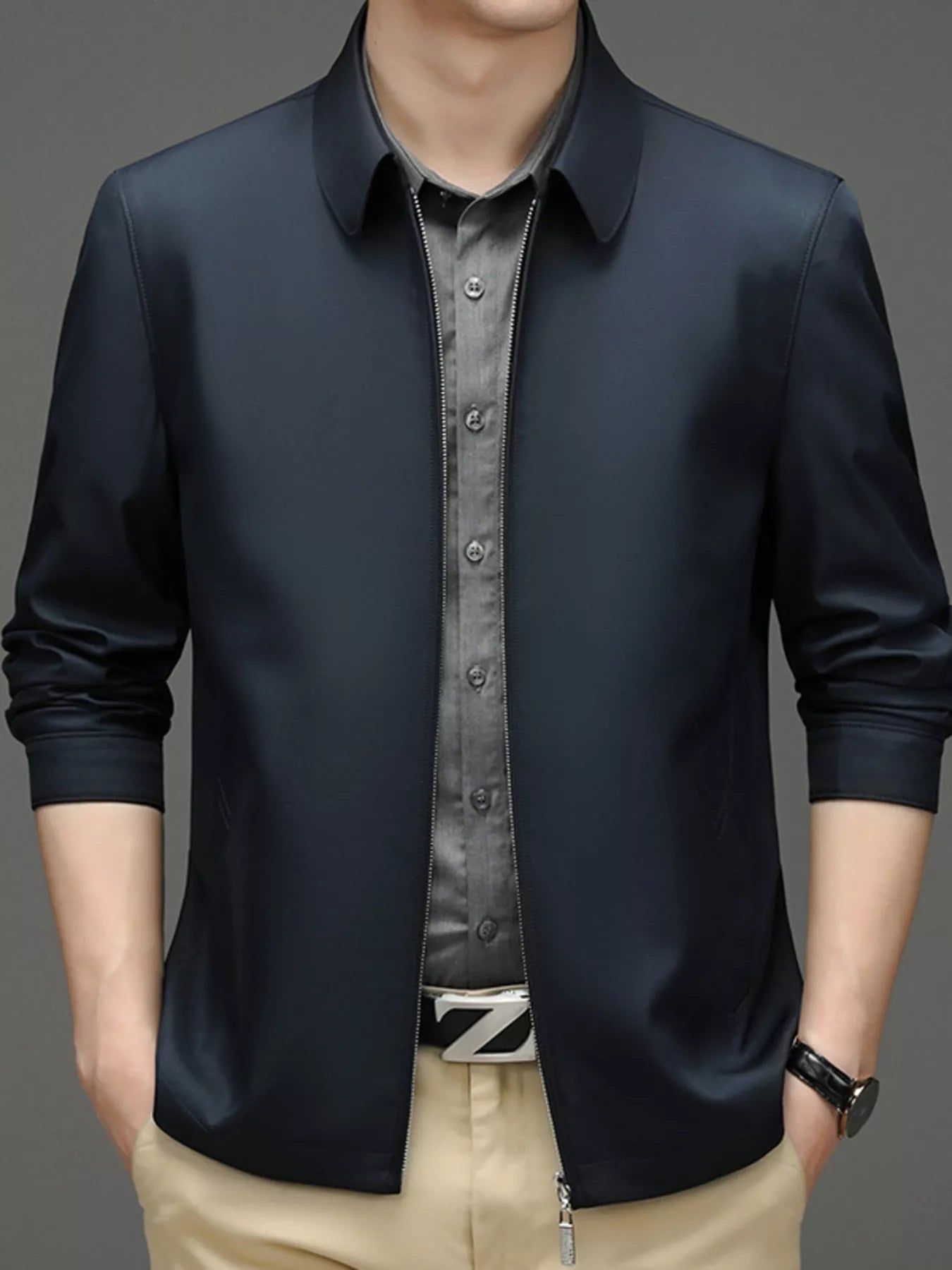 Men's Plus Size Zip Up Long Sleeve Jacket Navy Blue - Fashorio