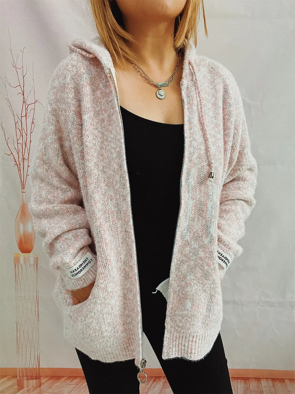 Zip Up Drawstring Long Sleeve Hooded Sweater Blush Pink - Fashorio