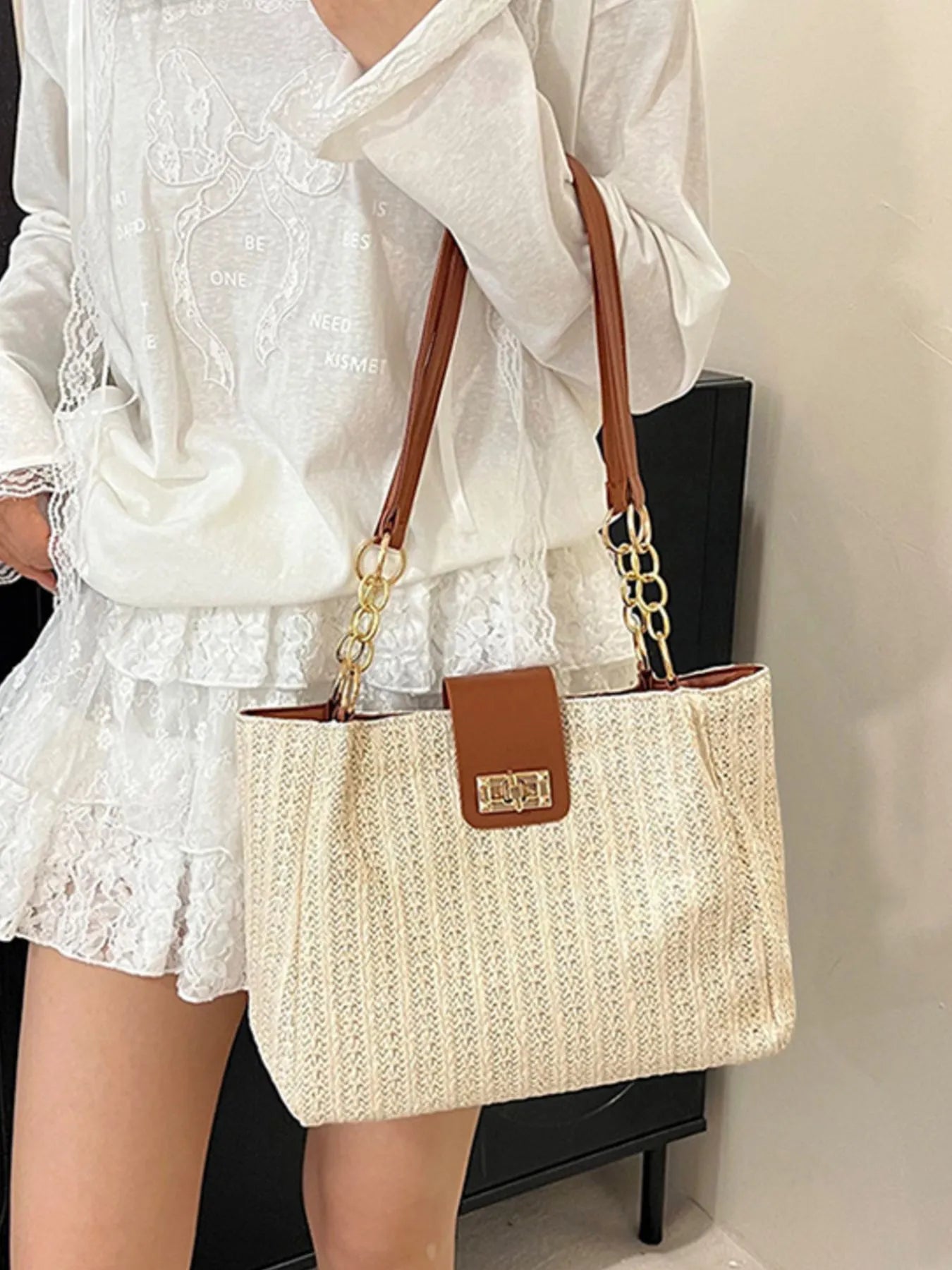 Woven Straw Shoulder Bag Brown One Size - Fashorio