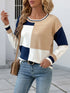 Color Block Round Neck Sweater with Ribbed Trim - Fashorio